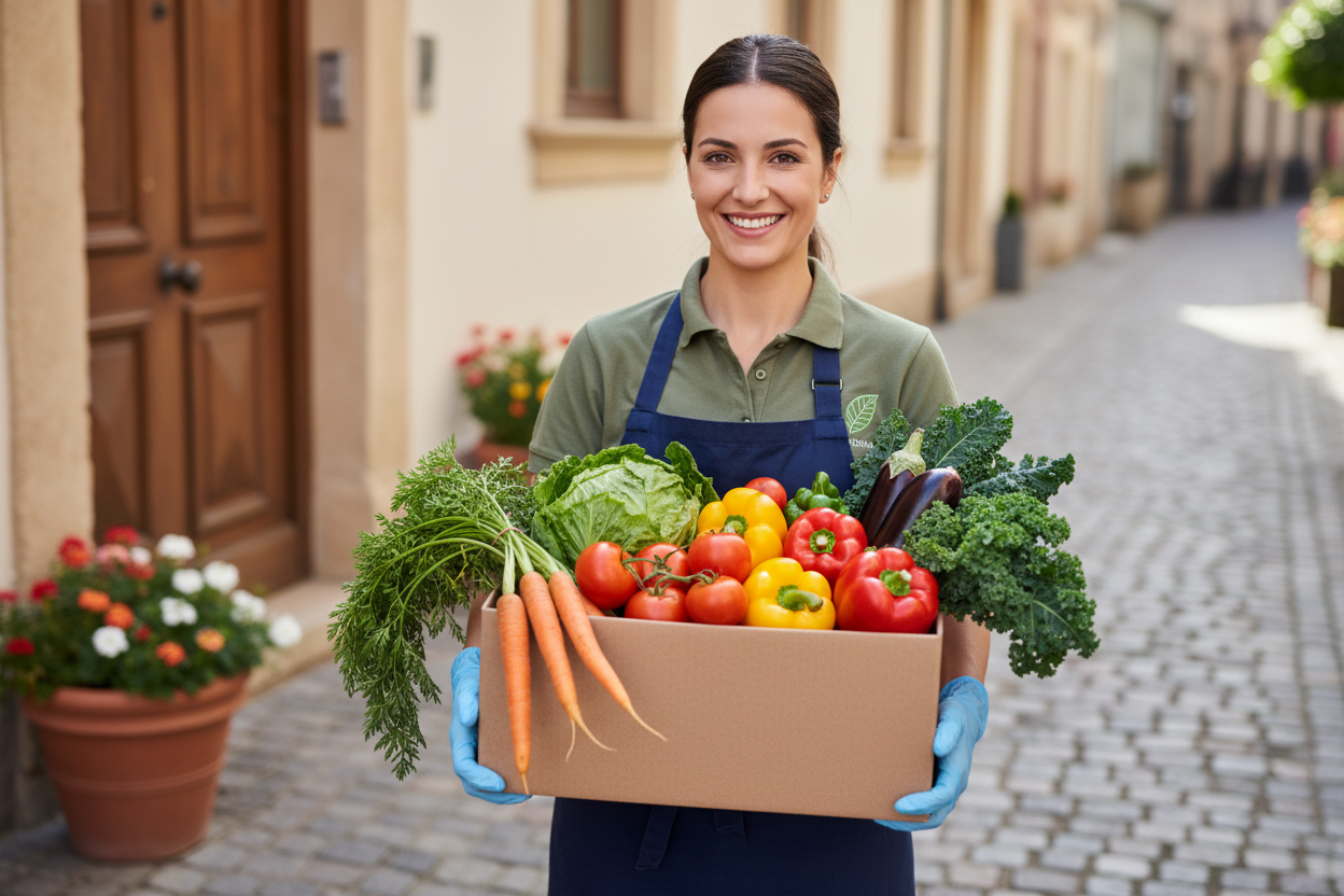 Person delivering a box of fresh veggies