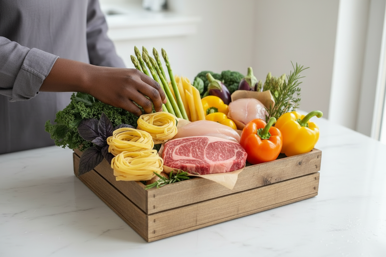 Person reaching into a box with fresh ingredients, pasta, and meat